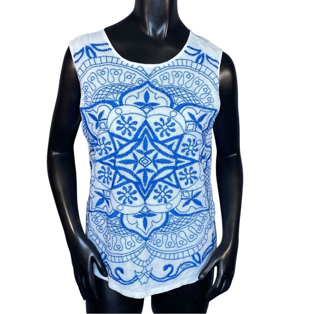 Lucky Brand White Tank Top with Blue Mandala Print